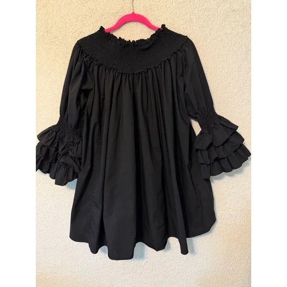Blanc Studio Babydoll Dress Womens Black Smocked Tiered Ruffle Sleeve Mini - Picture 10 of 13